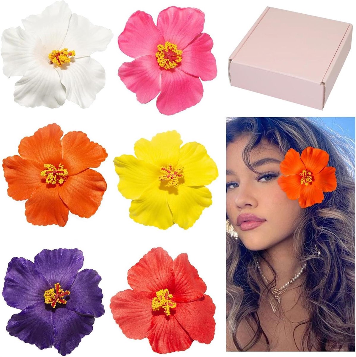 6 stuks Hawaïbloemen haarspelden met hibiscus-design