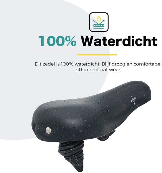 Zwart fietszadel met waterdruppels, 100% waterdicht.