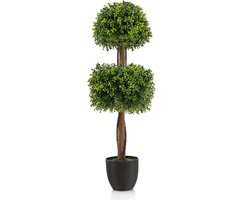 COSTWAY 100 cm Kunstmatige Buxus Vormboom 2-Bal Nep Buxus Plant Cement Gevulde Plastic Pot UV-Bestendig voor Veranda Huis