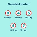 Overzicht van luier maten: 3 (6-11 kg), 4 (9-15 kg), 5 (11-17 kg), 6 (13-19 kg), 7 (15+ kg).