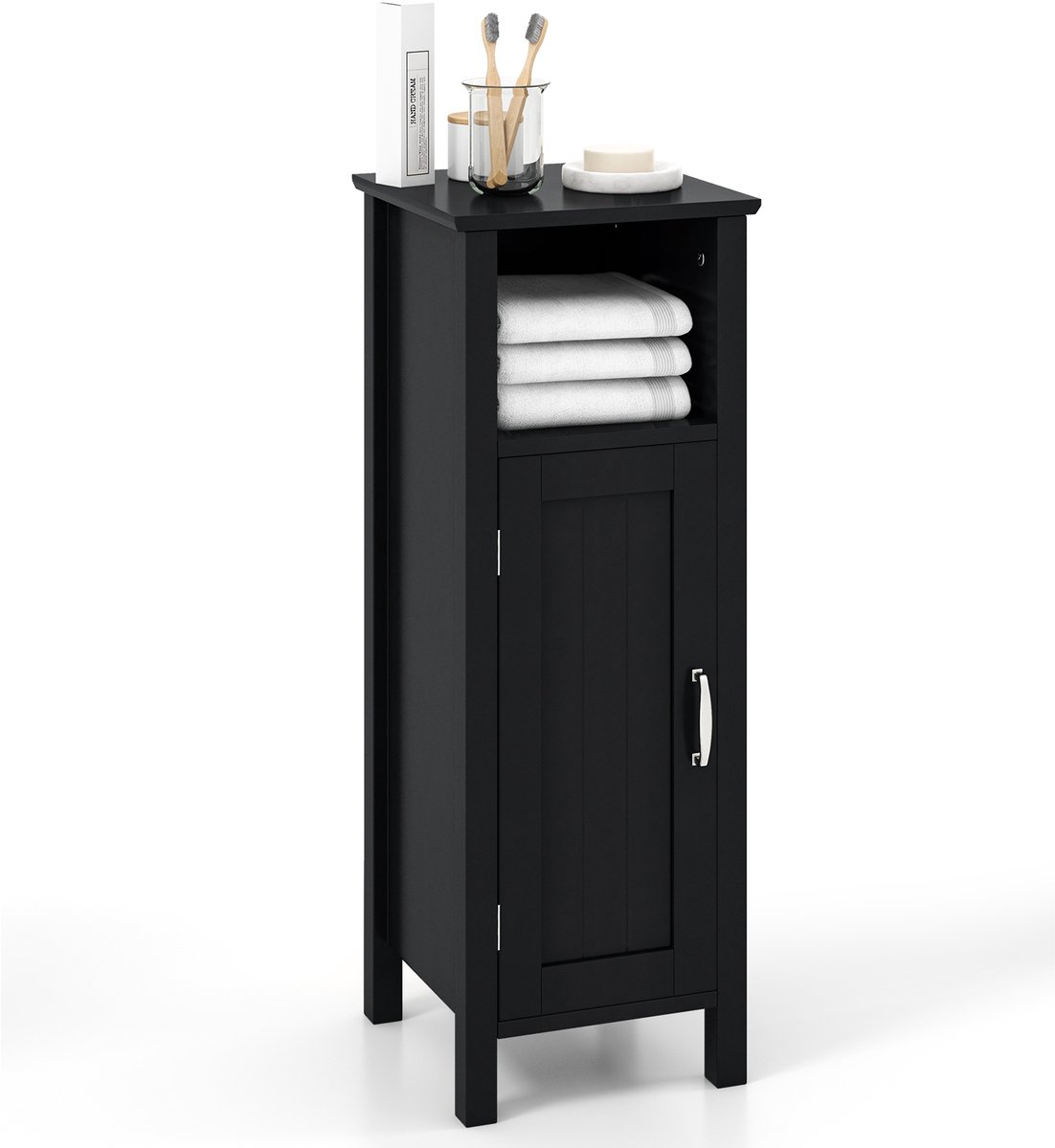 COSTWAY Badkamerkast, badkamerkast met open vak, kastdeur en verstelbare plank, bijzetkast, opbergkast voor badkamer, woonkamer, zwart, 30 x 30 x 80 cm
