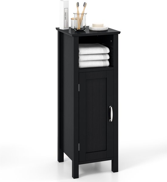 COSTWAY Badkamerkast, badkamerkast met open vak, kastdeur en verstelbare plank, bijzetkast, opbergkast voor badkamer, woonkamer, zwart, 30 x 30 x 80 cm