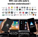 Telefoons met "Apple CarPlay" en "Android Auto" logo's. "99% van alle auto's worden ondersteund !"