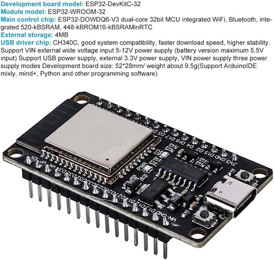 DUBEUYEW ESP32-DevKitC-V1 Bord – WiFi/Bluetooth, Met Display, Breakout Board En USB-kabel