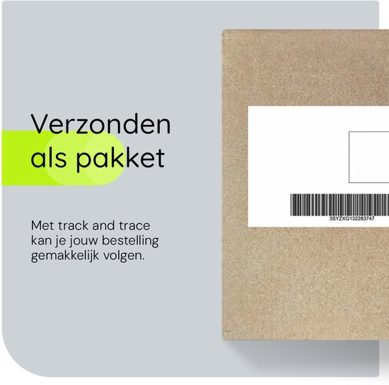 Bruine kartonnen verpakking met een verzendlabel en track-and-trace-code.