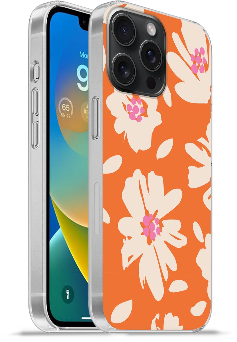 Telefoonhoesje Geschikt voor iPhone 15 Pro Max hoesje - Bloemen - Oranje - Beige - Roze - Abstract - Siliconen Telefoonhoesje Telefoonhoesje