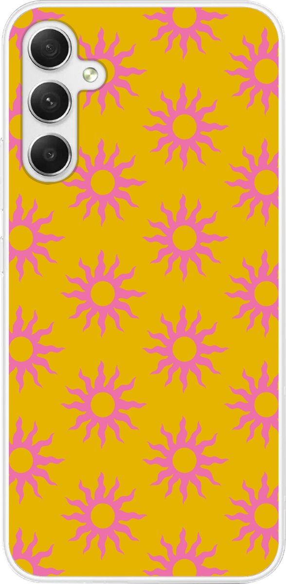Telefoonhoesje Geschikt voor Samsung Galaxy A34 hoesje - Zonnen - Roze - Geel - Zomer - Siliconen Telefoonhoesje Telefoonhoesje
