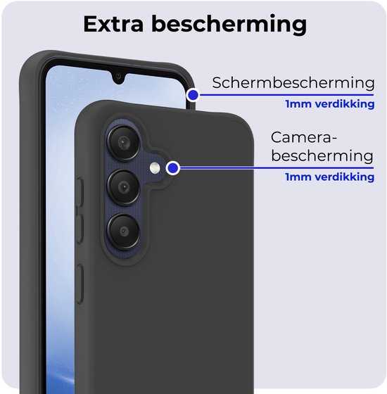 Zwarte telefoonhoes toont 1mm verdikking voor scherm- en camerabescherming.
