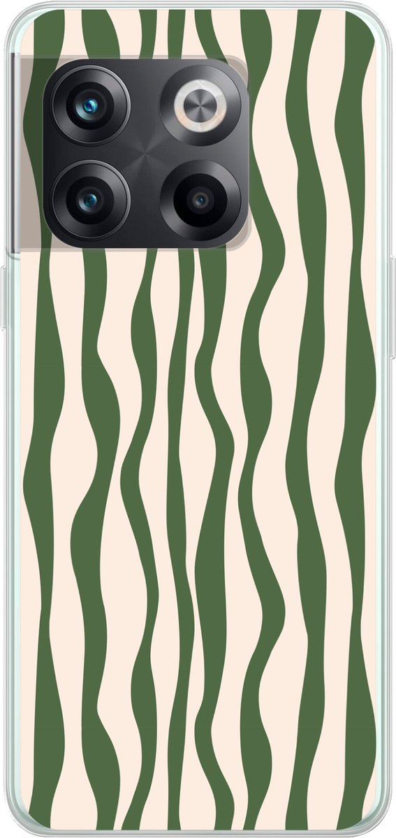 Telefoonhoesje Geschikt voor OnePlus 10T hoesje - Golvende lijnen - Beige - Groen - Strepen - Abstract - Siliconen Telefoonhoesje Telefoonhoesje