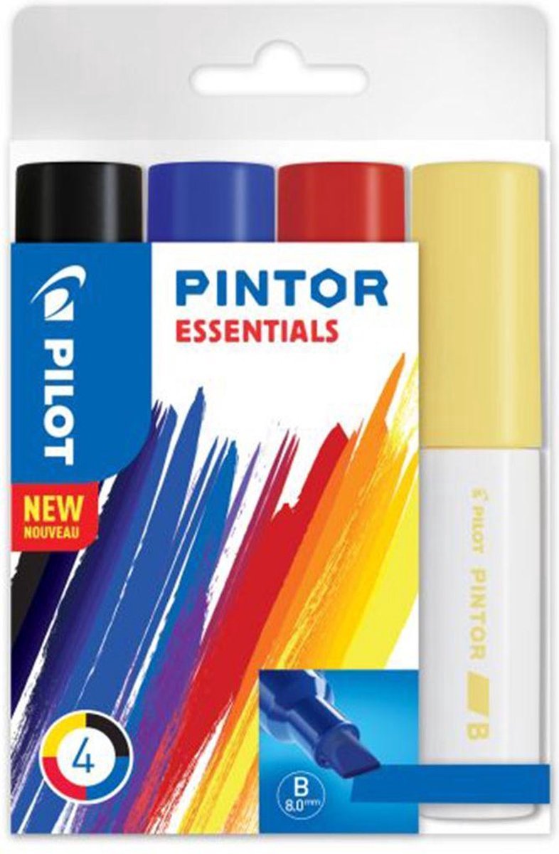 Pilot Pintor 4 Kleuren Verfstiften Set - Essentials Set - Brede markers met 8.0mm beitelpunt - Inkt op waterbasis - Dekt op elk oppervlak, zelfs de donkerste - Teken, kleur, versier, markeer, schrijf, kalligrafeer…