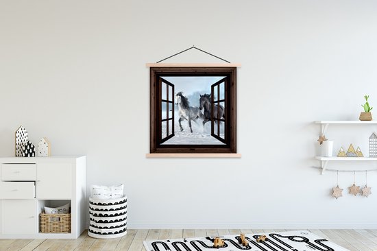 Posterhanger incl. Poster 120x120 cm - Schoolplaat - Paarden - Winter - Dieren - Natuur - Doorkijk - Textielposter - Blanke latten