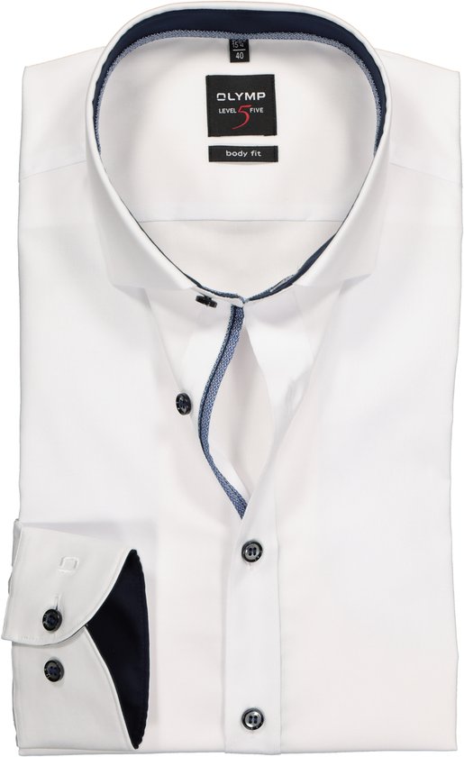 OLYMP Level 5 body fit overhemd - wit (blauw contrast) - Strijkvriendelijk - Boordmaat: 41
