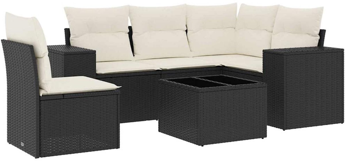The Living Store 6-delige Loungeset met kussens poly rattan zwart - Loungeset - Tuinset - Lounge Set - Buitendecoratie - Tuinmeubels