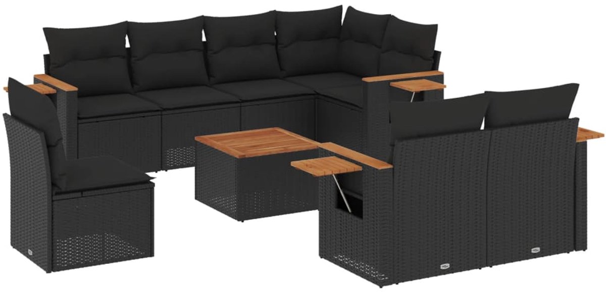 The Living Store 9-delige Loungeset met kussens poly rattan zwart - Loungeset - Tuinmeubels - Lounge Set - Outdoor Furniture - Pe Rattan