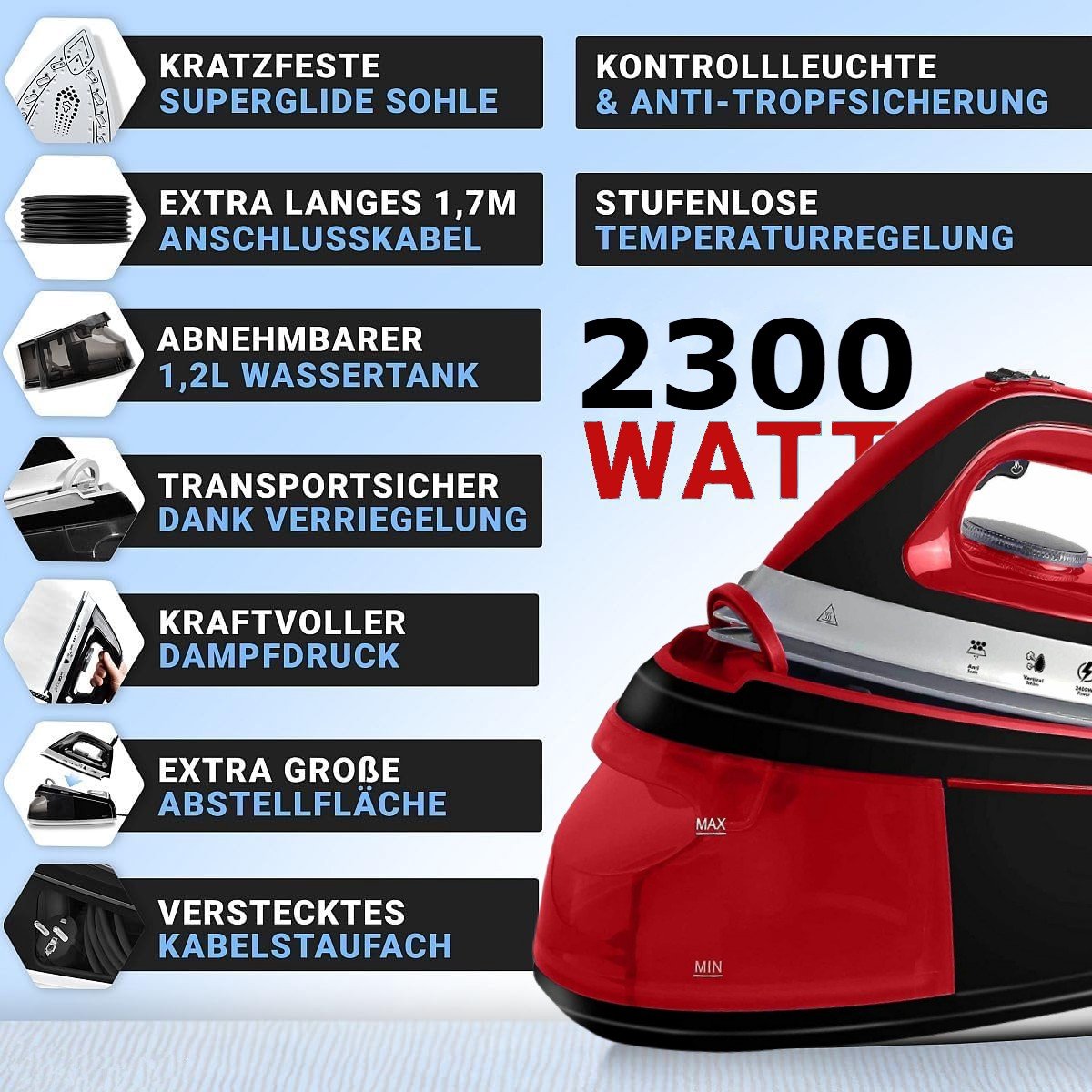 Royalty Line® DBST2300W Stoomstrijkijzer met Stoomgenerator - Strijkijzer - 2400W - Stoomstrijkijzers Met 1,2L Watertank - Iron - Keramische Zoolplaat - Rood — afbeelding 6