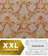 Barok behang EDEM 9085-26 vliesbehang hardvinyl warmdruk in reliëf gestempeld met 3D bloemmotief glanzend beige grijsbeige zandgeel goud 10,65 m2