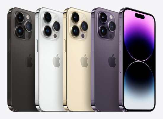 Vier iPhones op een rij: zwart, wit, goud en paars. De voorste iPhone heeft een paars scherm.