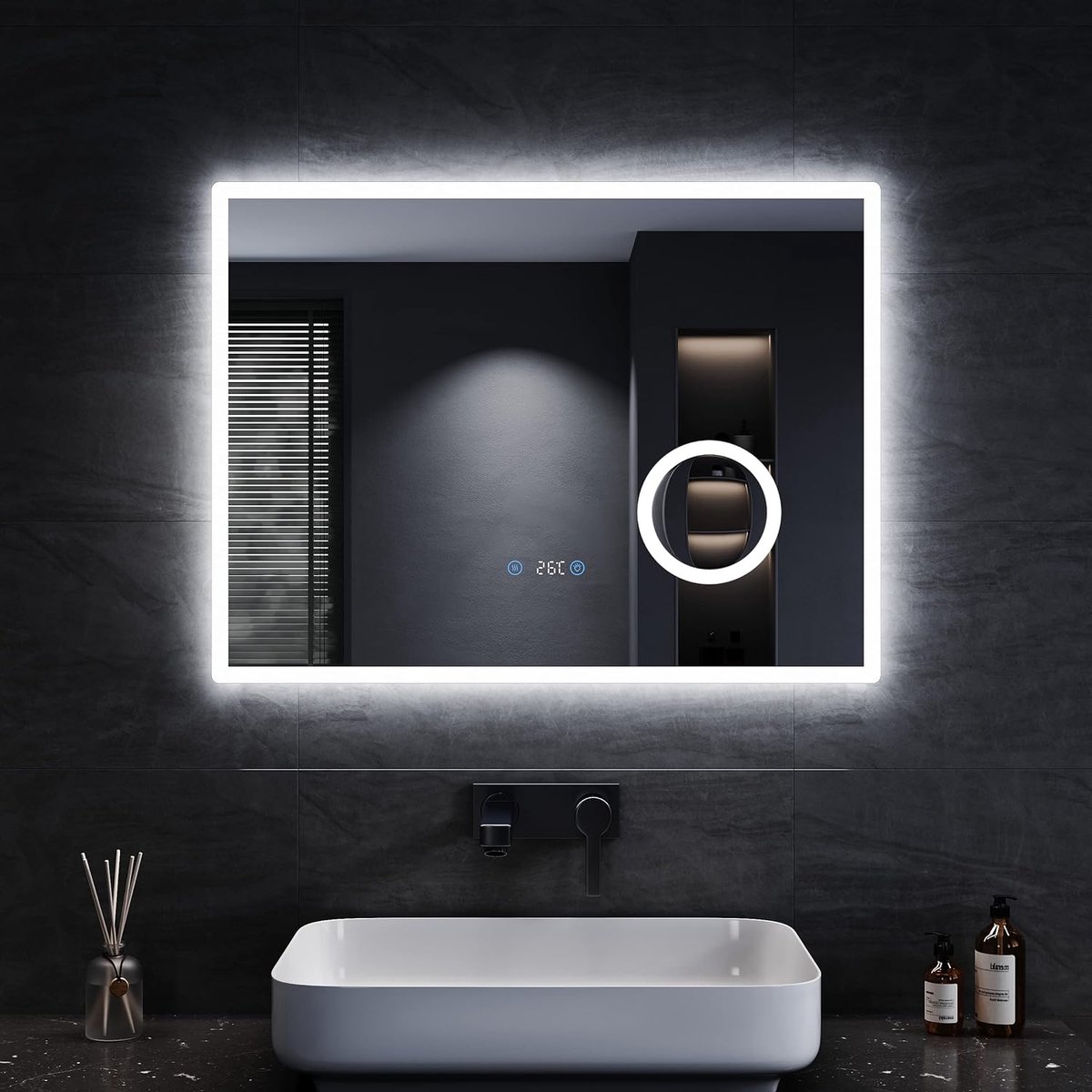 Badkamerspiegel met Verlichting en Anti-Condens 80 x 60 cm | 3 Kleurtemperaturen | Wandspiegel met Klok en Temperatuur