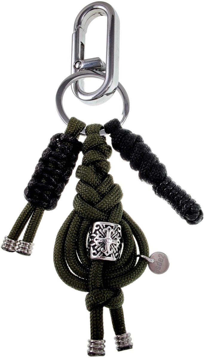 Sleutelhanger Heren - RVS - Zilverkleurige - Zwart-Groen Macramé Sleutelhanger - Handgemaakt