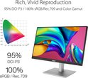 ASUS ProArt monitor met een gedetailleerde kleurengrafiek, 95% DCI-P3 en 100% sRGB/Rec.709 dekking.