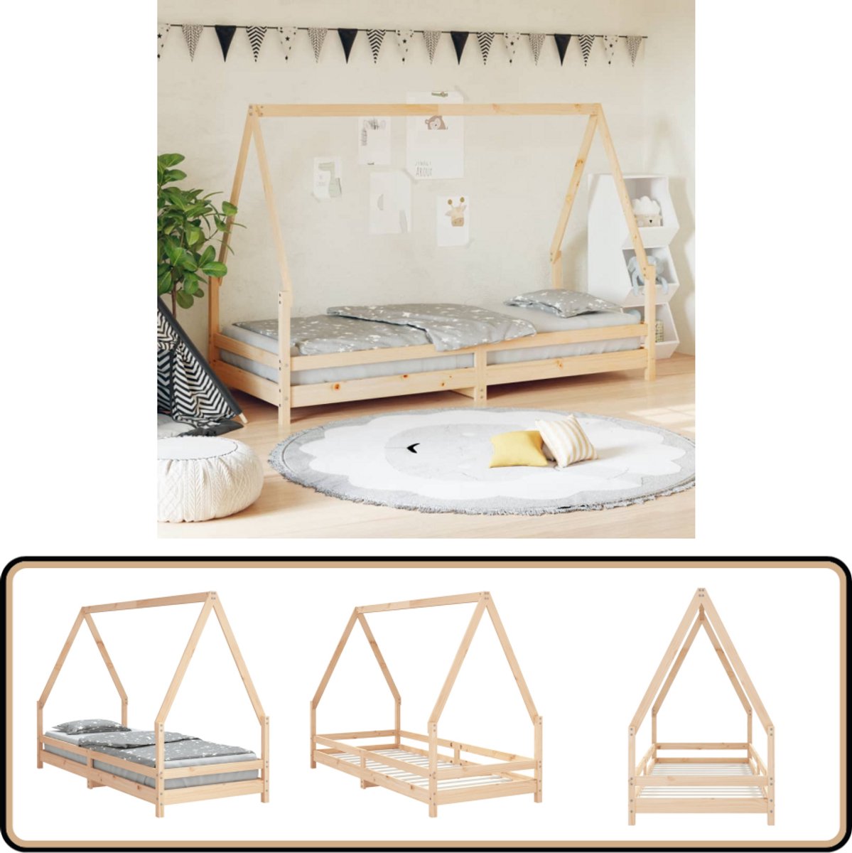 vidaXL Kinderbedframe - 80x200 cm - Massief Grenenhout Kinderbed - Houten Bed - Peuterbed - Kidsbed - Huisjesbed Bruin