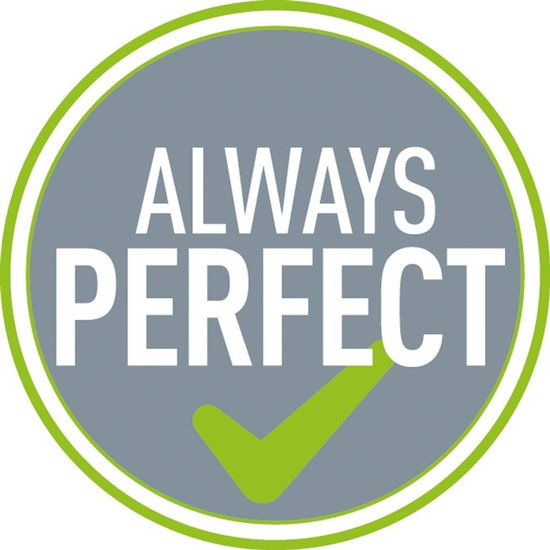 Grijze cirkel met 'Always Perfect' en een groen vinkje.