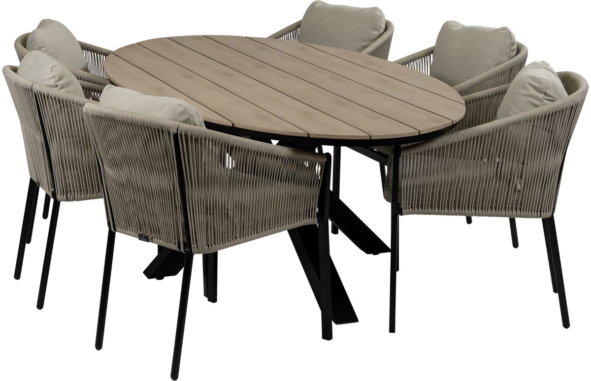 7-delige tuinset | 6 Elvira tuinstoelen (Black) | Tuintafel Cyprus 220x115cm (Wood)