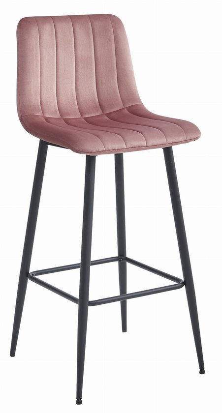 Tabouret de bar POZZA - Velours rose foncé, Pieds en métal noir, hauteur d'assise 76 cm, dossier, design ergonomique, max. 120 kg