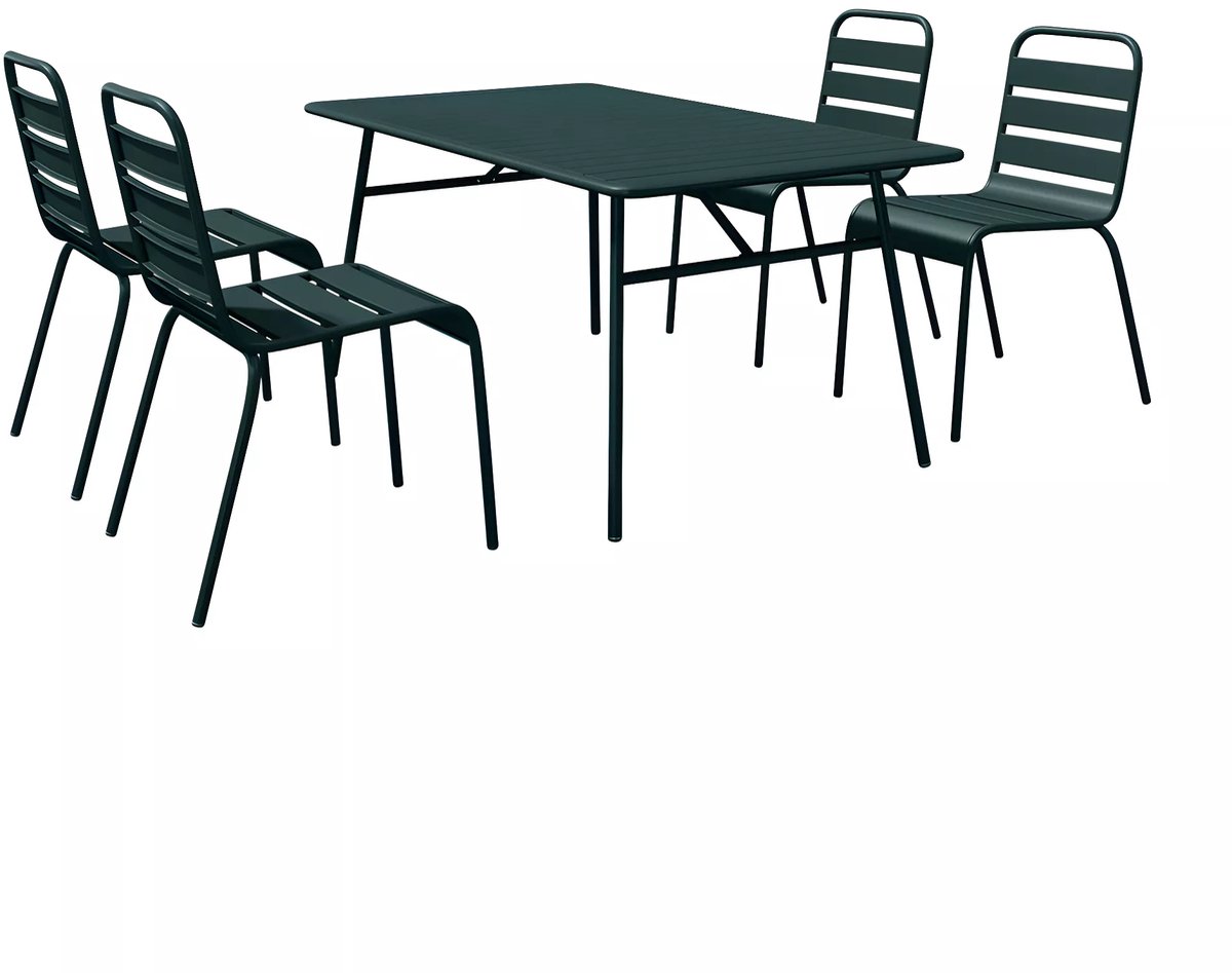 Vente-unique Tuineethoek van metaal - Een tafel D160 cm en 4 opstapelbare stoelen - Spargroen - MIRMANDE van MYLIA L 160 cm x H 79 cm x D 80 cm
