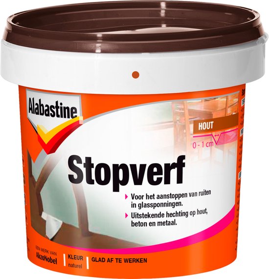 Oranje pot Alabastine Stopverf, bruin deksel. Tekst: Alabastine Stopverf, Hout, 0-1 cm, naturel.