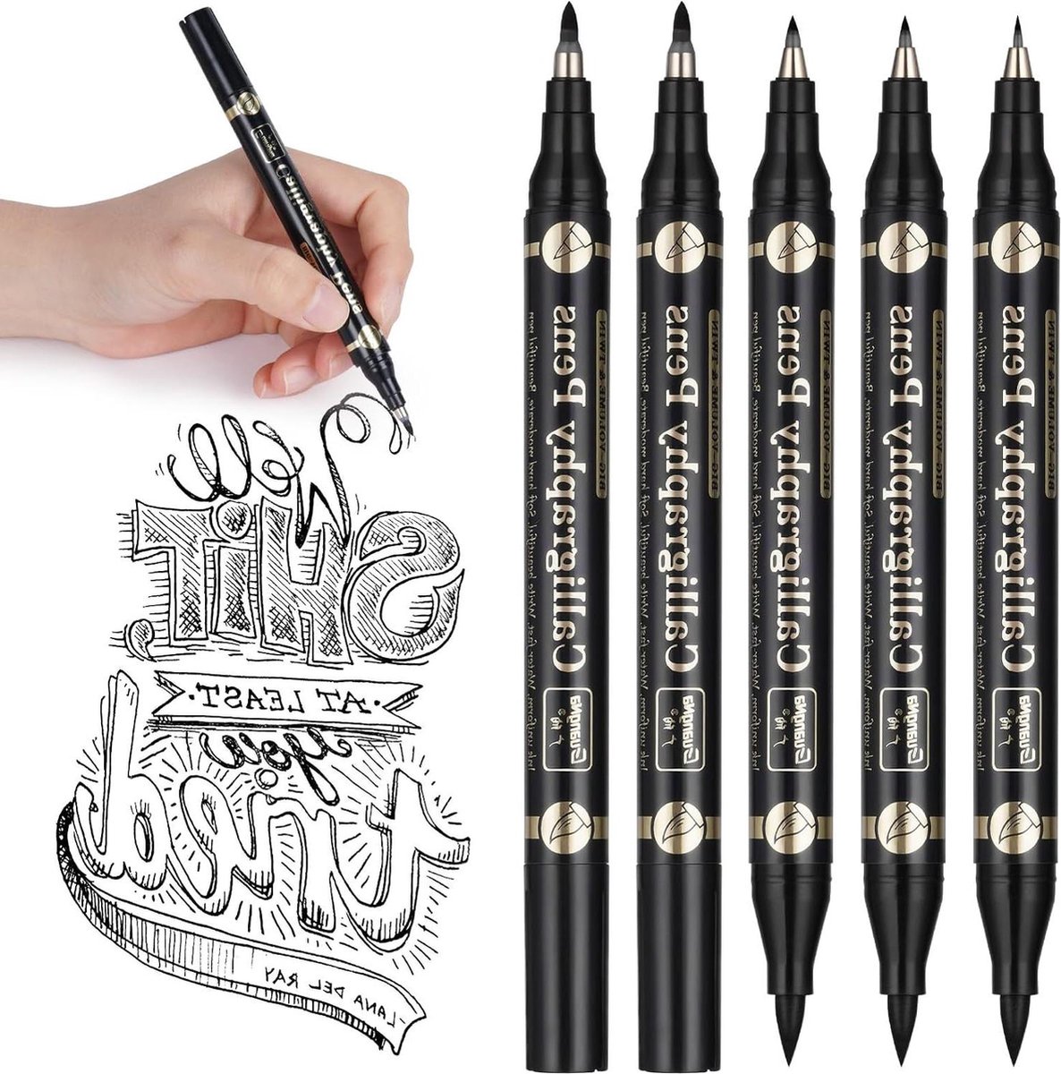 Kalligrafiepennen set van 5 - dubbele kop viltstiften - zwarte letterkwasten - beginners handtekening illustratie - tekening 5 maten - kalligrafie. .