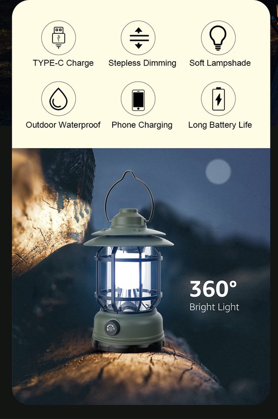 Outdoor Camping LED-Lights - Survival - Noodpakket - Draagbaar - Retro style - Dimbaar - Oplaadbaar - Zwart — afbeelding 3