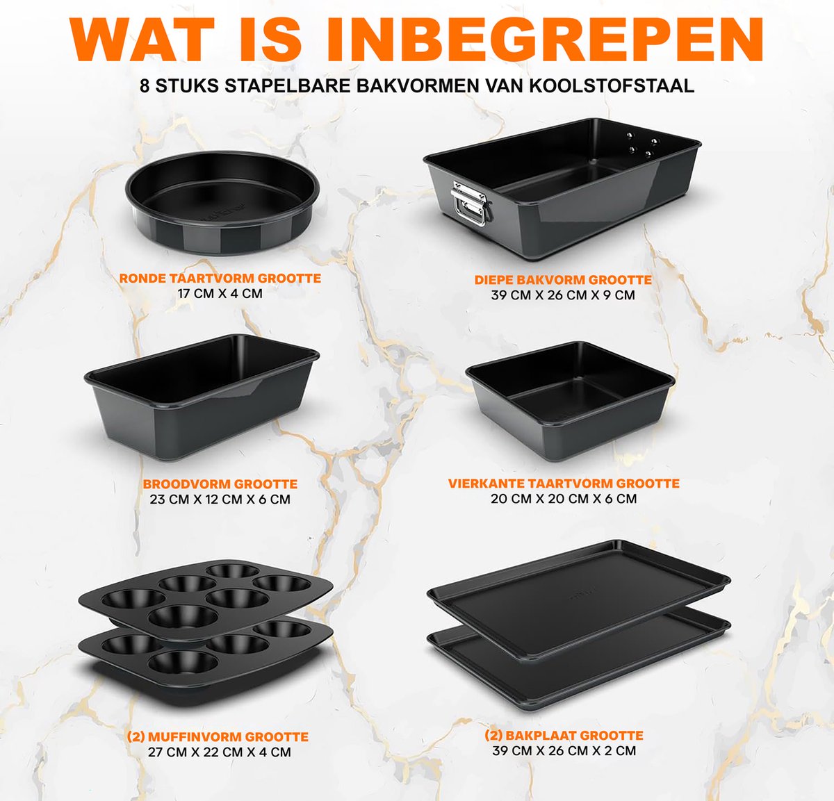 NutriChef ,8-delige Stapelbare Antiaanbak Bakvormenset - Premium Stalen Bakplaten set-Inclusief ronde Taartvorm, Muffinvormen met 6 Cupjes, Brede/Vierkante Bakvormen- Bakplaat en Braadslee – foto 3