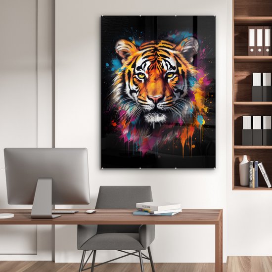 MuchoWow® Tableau sur verre 90x120 cm - Tableau sur verre acrylique - Tigre - Graffiti - Animaux - Zwart - Photo sur verre - Décoration murale salon - Décoration murale chambre - Peintures