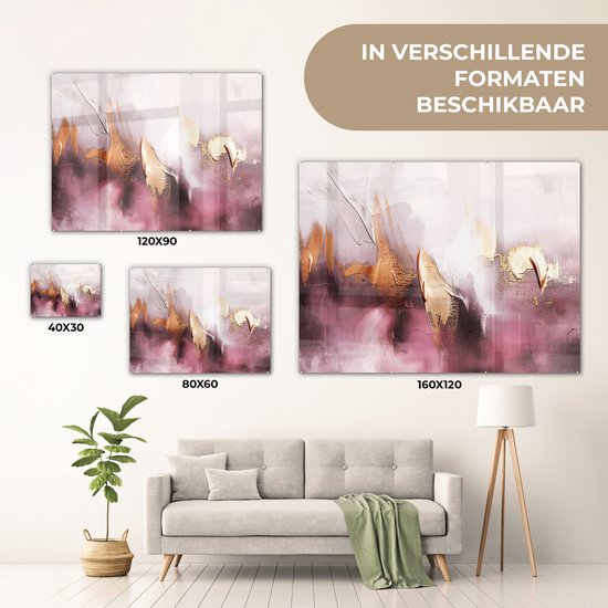 MuchoWow® Glasschilderij 120x90 cm - Schilderij acrylglas - Paars - Abstract - Verf - Goud - Foto op glas - Muurdecoratie woonkamer - Wanddecoratie slaapkamer - Schilderijen