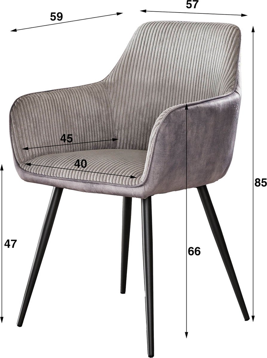 Dimehouse Set van 2 Eetkamerstoelen Licia Ribstof - Met Armleuningen Grijs