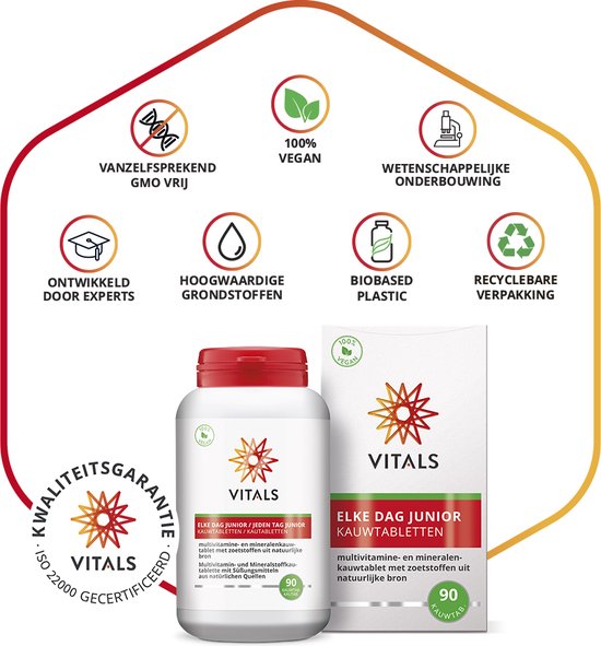 Vitals Elke Dag Junior - 90 kauwtabletten - multivitamine. Voor kinderen. Multivitamine- en mineralenkauwtablet met zoetstoffen uit natuurlijke bron.