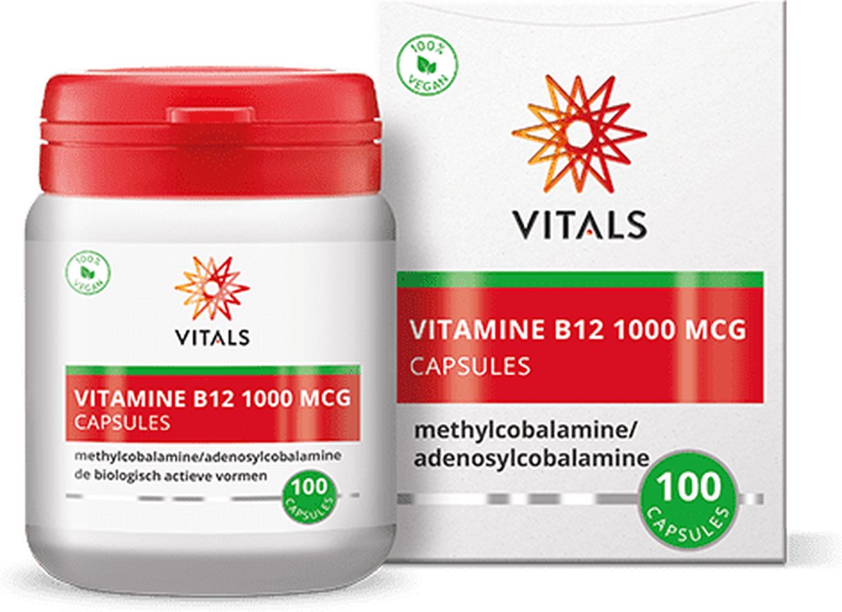 Goedkoopste Vitals Vitamine B12 1000 mcg - 100 capsules. Hoge dosering van de biologische actieve vormen methylcobalamine en adenosylcobalamine.