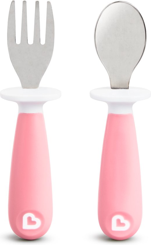 Couverts pour enfants Munchkin - Fourchette et cuillère pour tout-petits - Raise - 2 pièces - à partir de 12 mois - Ensemble de couverts en acier inoxydable - Rose