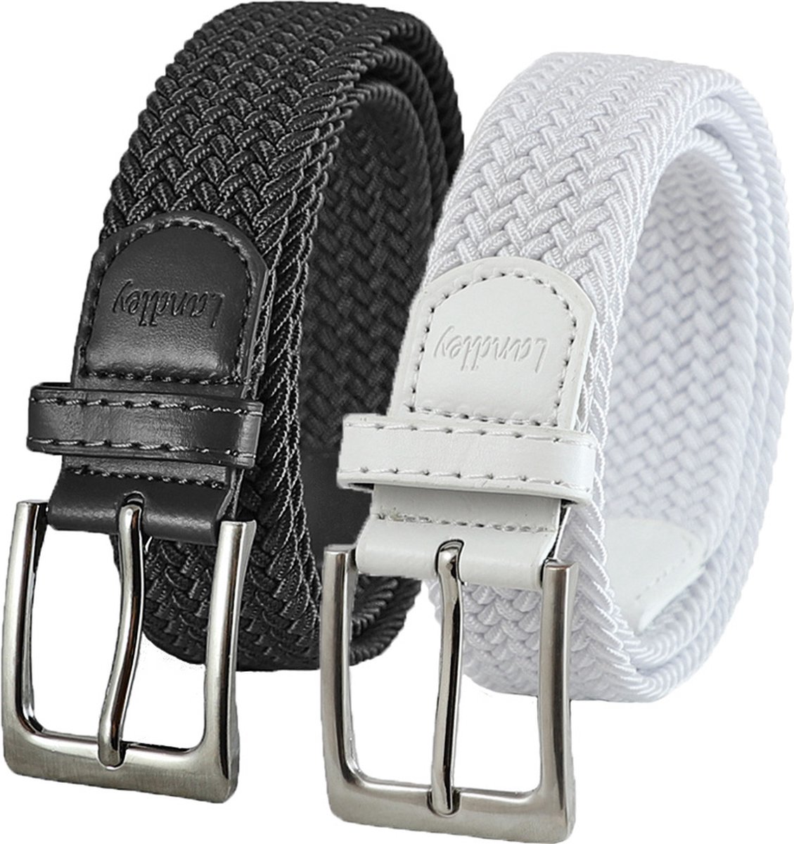 Landley Elastische Gevlochten Stretch Riemen Duopack - Voordeelset met 2 riemen - Dames en Heren - Zwart en Wit - Lengte totaal 100 cm / Riemmaat 85
