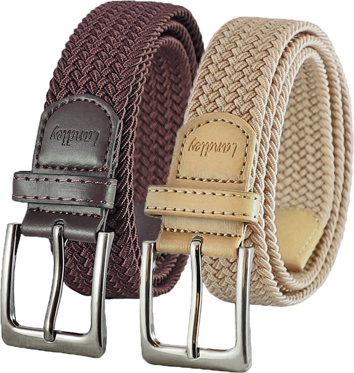 Landley Elastische Gevlochten Stretch Riemen Duopack - Voordeelset met 2 riemen - Dames en Heren - Bruin en Beige - Lengte totaal 130 cm / Riemmaat 115