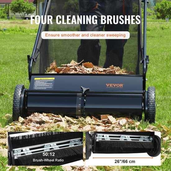 VEVOR Handgrasmaaier 66cm Veegbreedte Grasmaaier Handmatig 198L Capaciteit van de Opvangmand Kooimaaier 142x81x75cm Handkooimaaier Verstelbaar voor het Opvegen van Bladeren, Gemaaid Gras, Kleine Takken — afbeelding 4