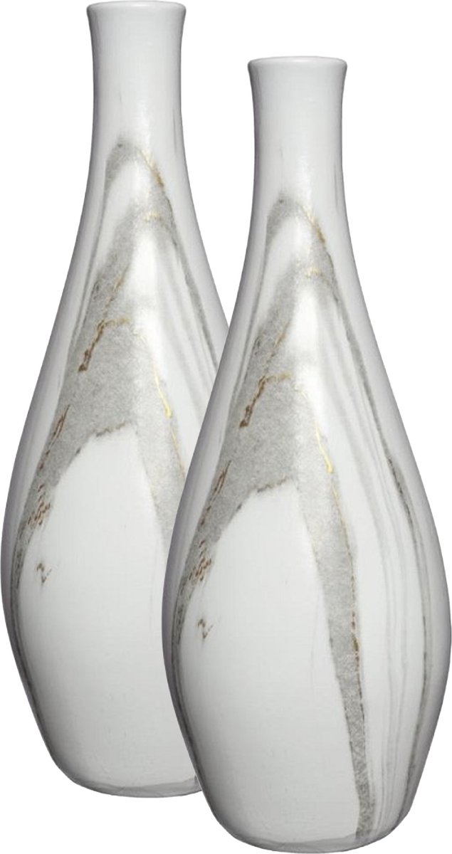 Ideas 4 Seasons Idea4seasons Bloemenvaas Dazzle - 2x - marmer look - Wit/goud - Keramiek - D13 cm x H35 cm - vaas