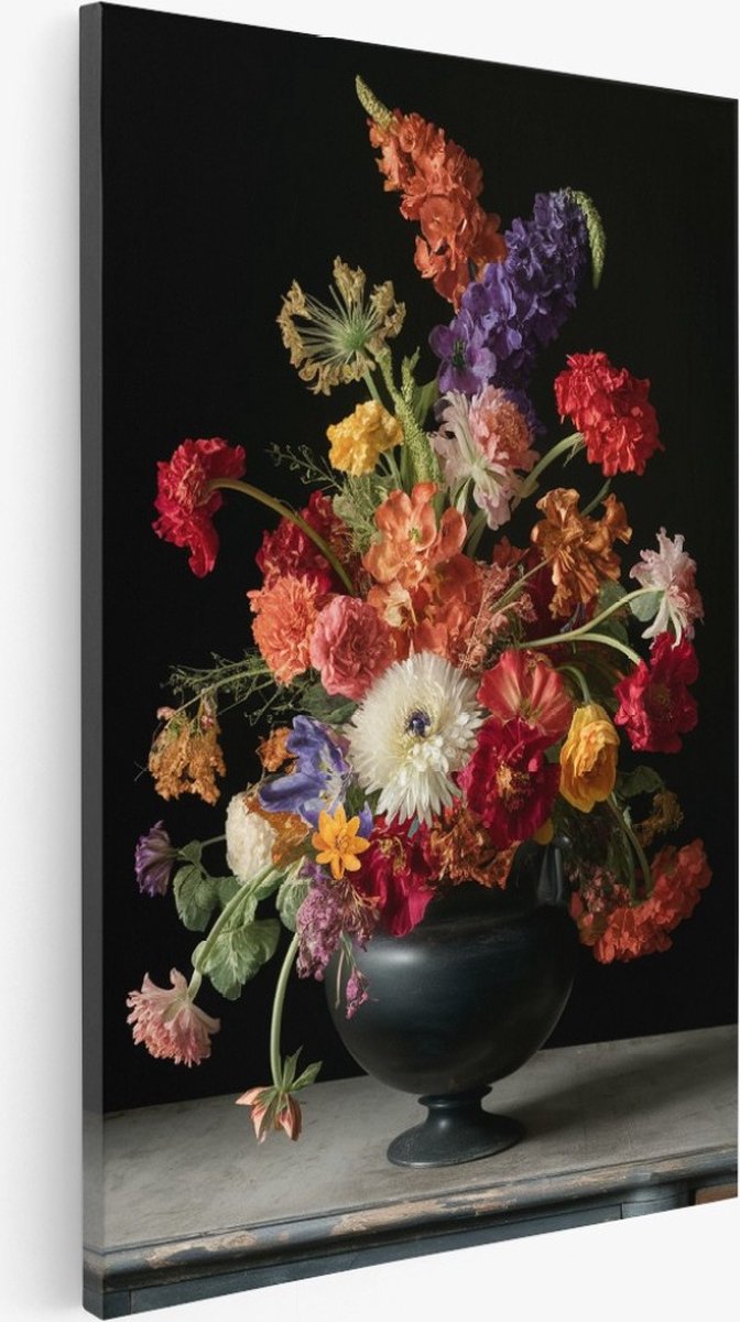 Saammp Canvas Schilderij - Stilleven - Bloemen in vaas - 75x100 - Foto op canvas - Wanddecoratie - Muurdecoratie Woonkamer - Kantoor Decoratie Multicolor