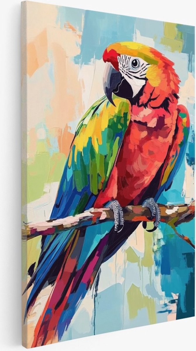 Saammp Canvas Schilderij - Abstracte Papegaai op tak - Natuur - Dieren - 50x70 - Foto op canvas - Wanddecoratie - Muurdecoratie Woonkamer - Slaapkamer decoratie - Canvas Print Multicolor