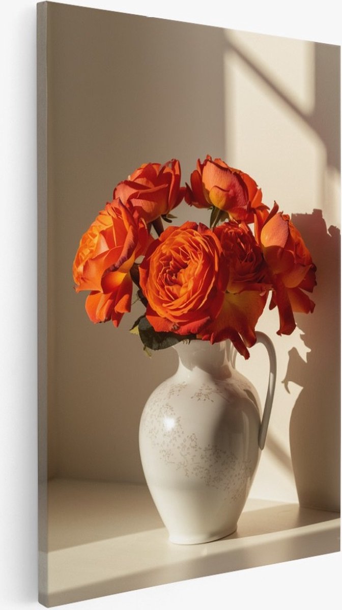 Saammp Canvas Schilderij - bloemen - Oranje Rozen in vaas - 40x60 - Foto op canvas - Wanddecoratie - Muurdecoratie Woonkamer - Kantoor Decoratie Multicolor
