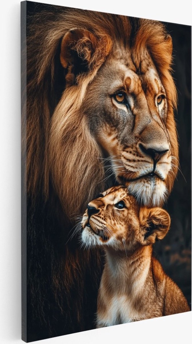 Saammp Canvas Schilderij - Liefdevolle Leeuw met welp - Dieren - Natuur - 60x90 - Foto op canvas - Wanddecoratie - Muurdecoratie Woonkamer - Slaapkamer decoratie - Canvas Print Multicolor