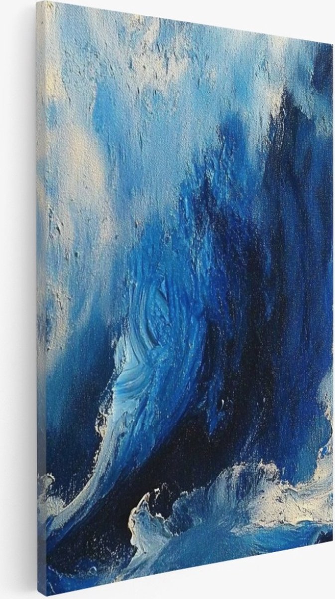 Saammp Canvas Schilderij - Wit - Blauwe kunst - Abstracte - 100x150 - Foto op canvas - Wanddecoratie - Muurdecoratie Woonkamer - Kantoor Decoratie Multicolor
