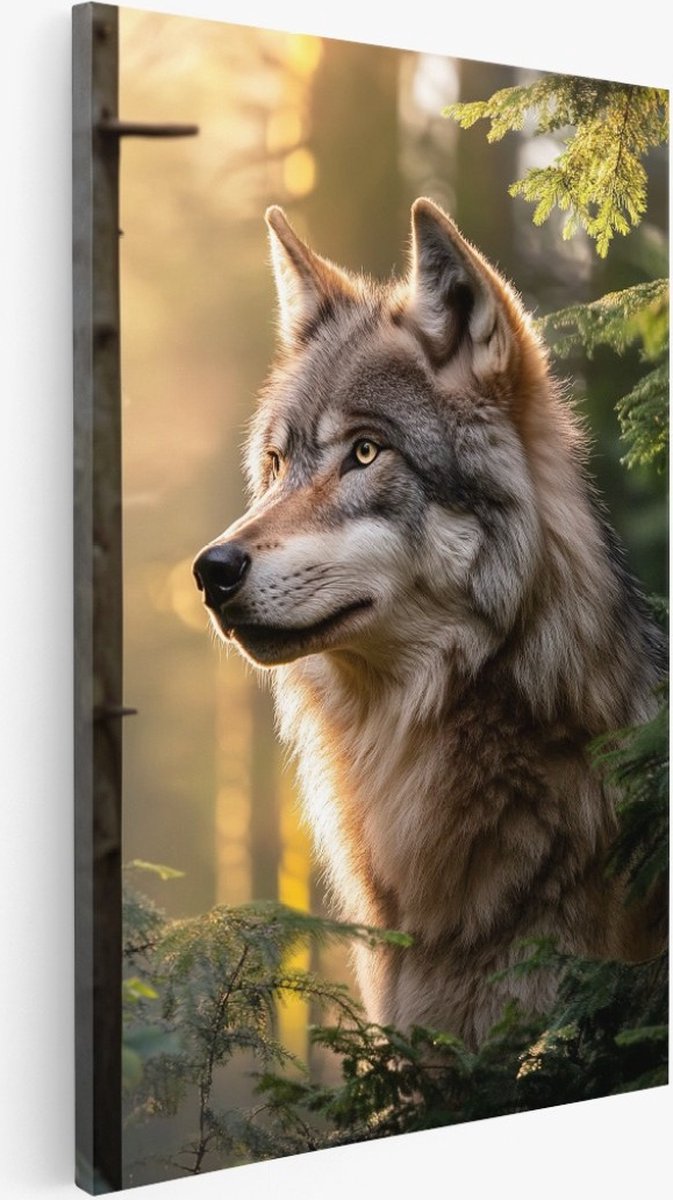 Saammp Canvas Schilderij - Wolf in zonsondergang - Natuur - Dieren - 75x100 - Foto op canvas - Wanddecoratie - Muurdecoratie Woonkamer - Slaapkamer decoratie - Canvas Print Multicolor