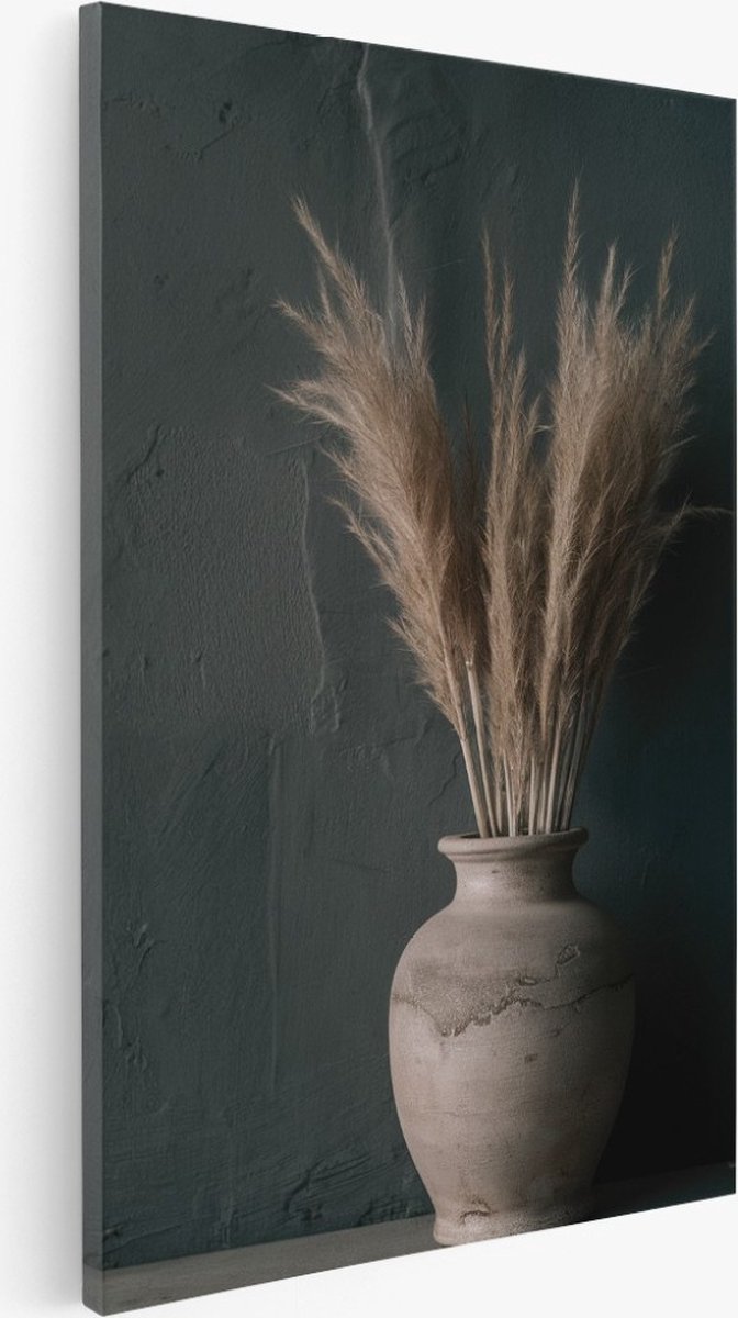 Saammp Canvas Schilderij - Pampas pluimen in vaas - Abstract - Bloemen - 40x50 - Foto op canvas - Wanddecoratie - Muurdecoratie Woonkamer - Kantoor Decoratie Multicolor